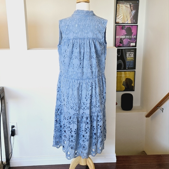 🏷️ANTHROPOLOGIE KYLA SEO Caite Palma Eyelet Midi Dress in Bluestone Size S/M - Picture 7 of 14